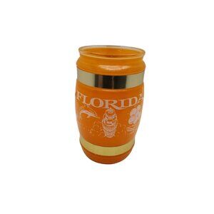 vintage siesta ware orange florida wooden handle glass barrel mug.